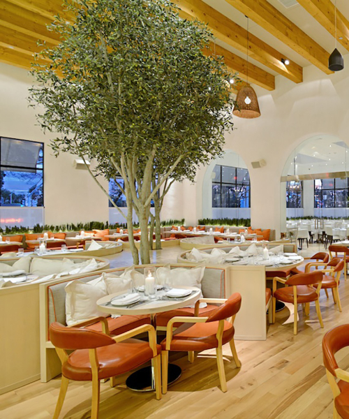large faux olive trees in restaurant